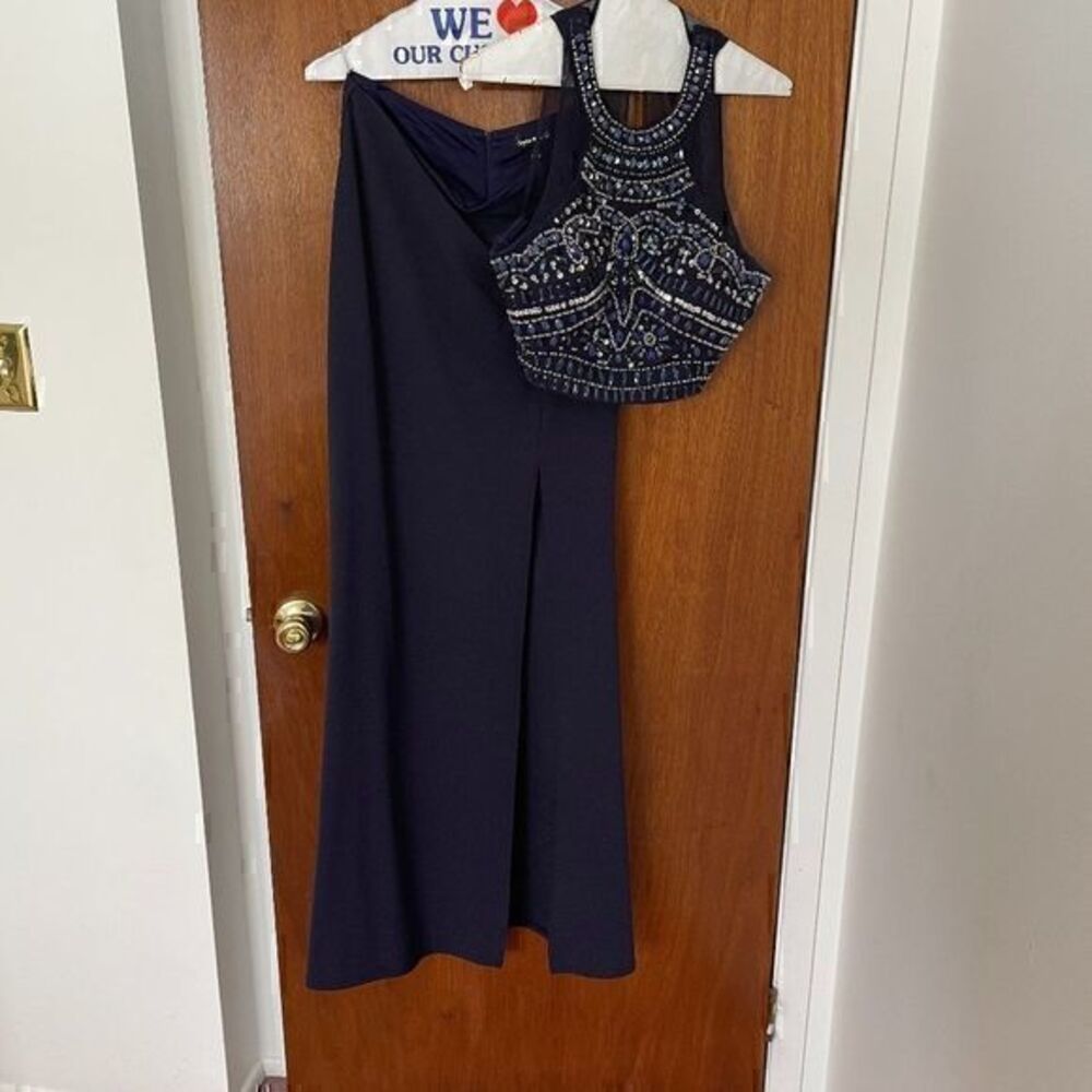 Two Piece Navy Rhinestone Maxi Prom Dress
